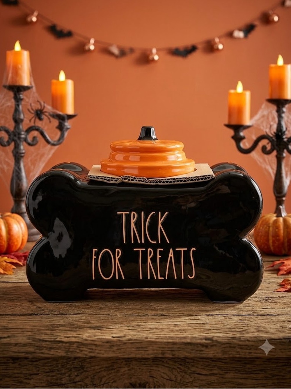 🩷 New Rae Dunn Treat for Trick Ceramic Pet Treat Jar, Orange & Black- Last One
